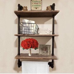Industrial Pipe Wall Bathroom Shelf Rustic Bathroom Shelves with Towel Bar,24" Towel shelfs for Bathroom,Farmhouse Bathroom Shelving Unit Storage (3 t