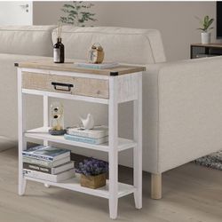 3-Tier Rustic Entryway Table with Open Storage Shelves and Handmade Metal Handle, Narrow Foyer Sofa Table , (Washed White)
