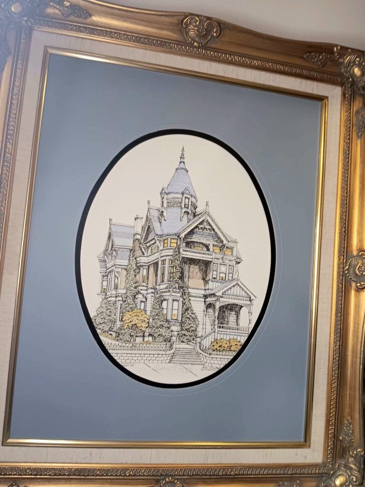 Beautiful And Famous American Queen Anne Style Haas Lilienthal In San Francisco House Built In 1886 Lithograph In Gold Frame Signed By Debbie Patrick