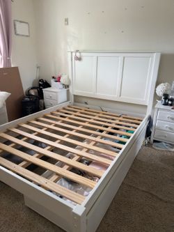 White Bed Frame with Two Storage Drawers - queen size