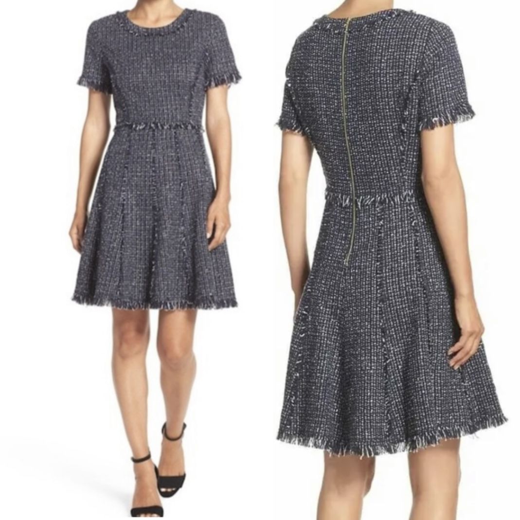 ELIZA J tweed fit flare fit frayed detail blue dress women Size 12