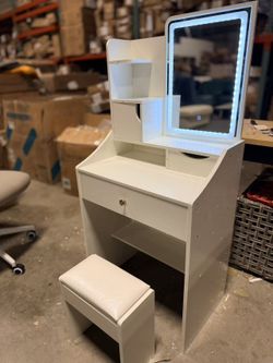 3-Color LED small Vanity Mirror with Stool, white