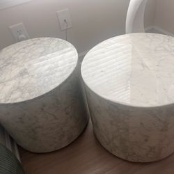 2 CARRARA round drum style side tables (marble )