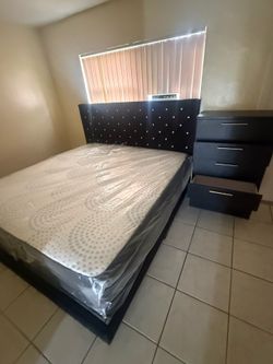 King bed frame with mattress set. 1 chest. All new furniture free delivery free installation