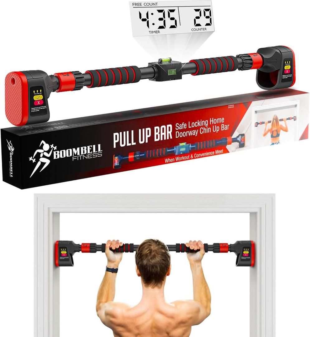 Pull Up Bar for Doorway - Adjustable Doorway Pull Up Bar 30-40 Inches with Digital Rep Counter, Workout Timer & Level - Door Pull Up Bar & Chin Up Bar