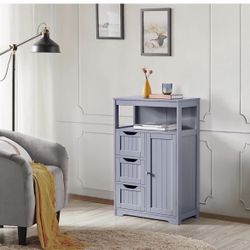 Bathroom Floor Cabinet Wooden Storage Organizer with 1 Door and 3 Drawers, Free-Standing Cupboard for Kitchen/Living Room/Bathroom Use