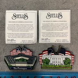 CA. WOOD ORNAMENTS . PENTAGON &  AMERICA THE BEAUTIFUL WITH FLAGS. $12.00 EACH.