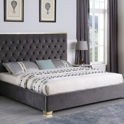 Brand New Gray  Tufted Velour Bed with Stainless Steel Queen Size Bed Frame
