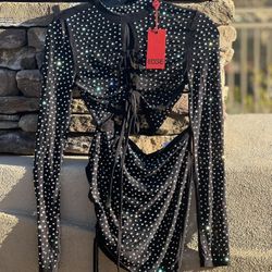 Two piece SET top and skirt with inserted bottom size small NWT. By Edge. Black see-through mesh with silver, iridescent crystals . New never worn. Pu