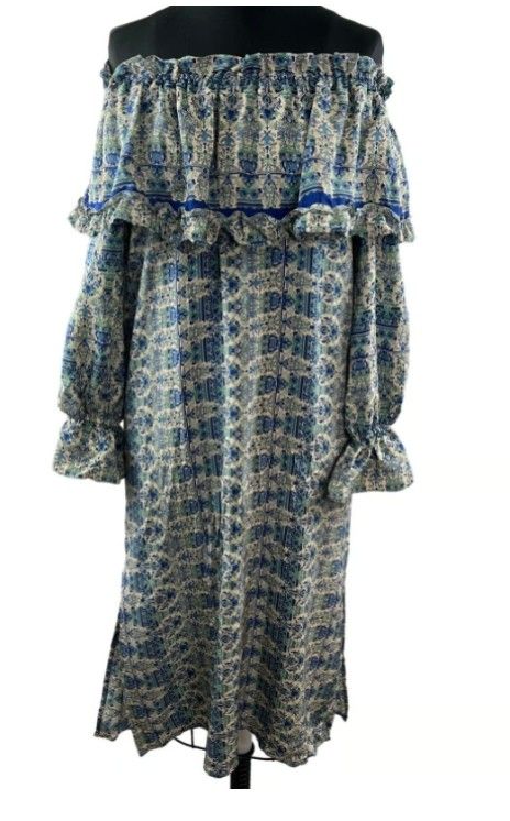Kristinit Off The Shoulder Silk Dress Balloon Sleeve Flounce Neck Ruffles Sz XS