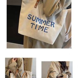 Embroidered letter canvas bag women‘s new large-capacity commuting tote bag versatile one-shoulder college student