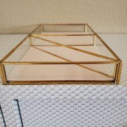 Gold Long Key Tray Entrance Table Tray. Fabric Bottom. Glass Sides