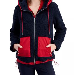 Women's Contrast-Trim Sherpa Fleece Hooded Jacket