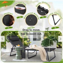 Lounge Chair Outdoor(1 CHAIR ONLY) , 5-Position Adjustable Sun Tanning Chair with Carrying Handle and Side Pocket, Folding Bed Cot with Removable Pill