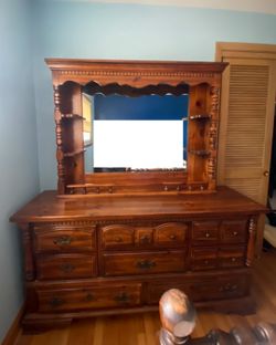 Vintage Solid Wood Dresser with Mirror – 1960s, 8 Drawers