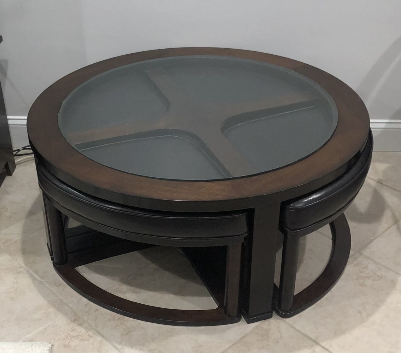 Espresso Solid Wood Glass Top Round Coffee Table with 4 Stools