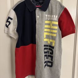 Tommy Hilfiger Polo Shirt Diagonal Pieced Color Block Boys Size Large (16/18)