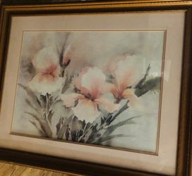 Framed Floral WaPrint **Artist Donna Beaubien **Lg Pink Lilies **21" X 17" **Pink Matting 1970's