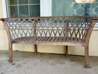 🪵 Vintage Cast Iron & Curved Wood Garden Front  Porch Bench