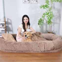 Extra Large Human Dog Bed For People Adults, 73x47x12 Inch Human Sized Dog Bed | With Blanket Attached Pillow, Washable Giant Dog Bed For Humans Adult