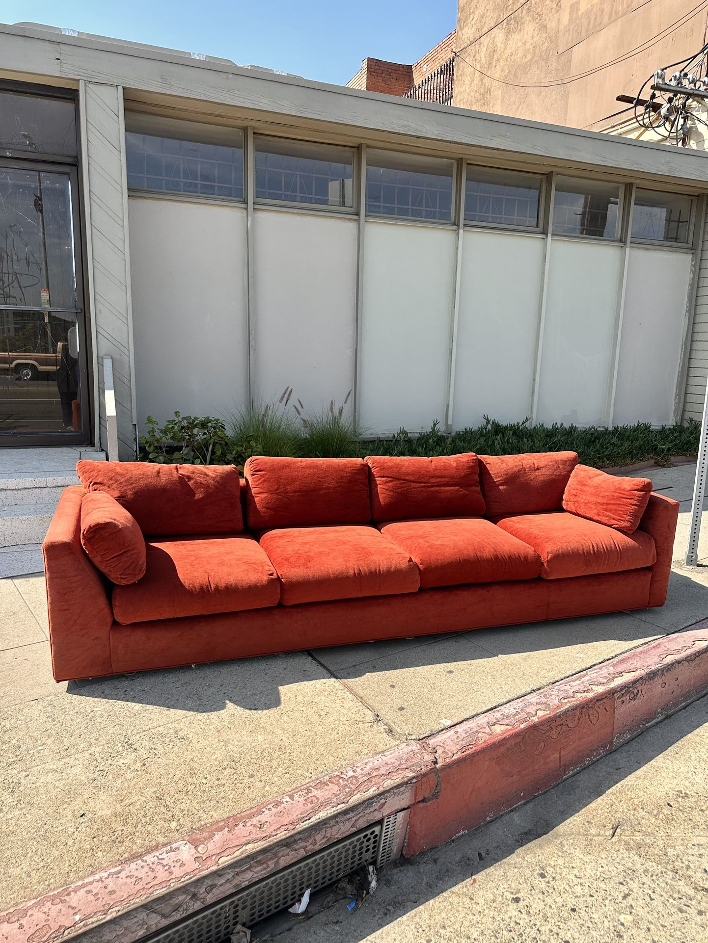 Vintage Rust Velvet Sofa Couch, 9 Ft Mid Century MCM Burnt Orange Red, Delivery Available, 1970s Rare Authentic Velveteen Retro Minimal