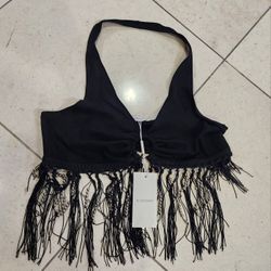 Elquchou Womens O-Ring Crop Top Beaded Tassle Bottom Black Size Large