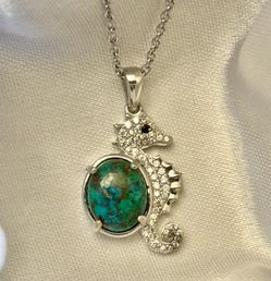 Adorable Chrysocolla and Zircon Seahorse Pendant in Platinum Bond with Stainless Steel 20" Necklace
