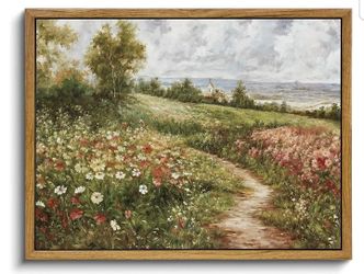 Framed Wall Art Vintage Landscape Pictures Wall Decor Spring Wildflowers Scenery 