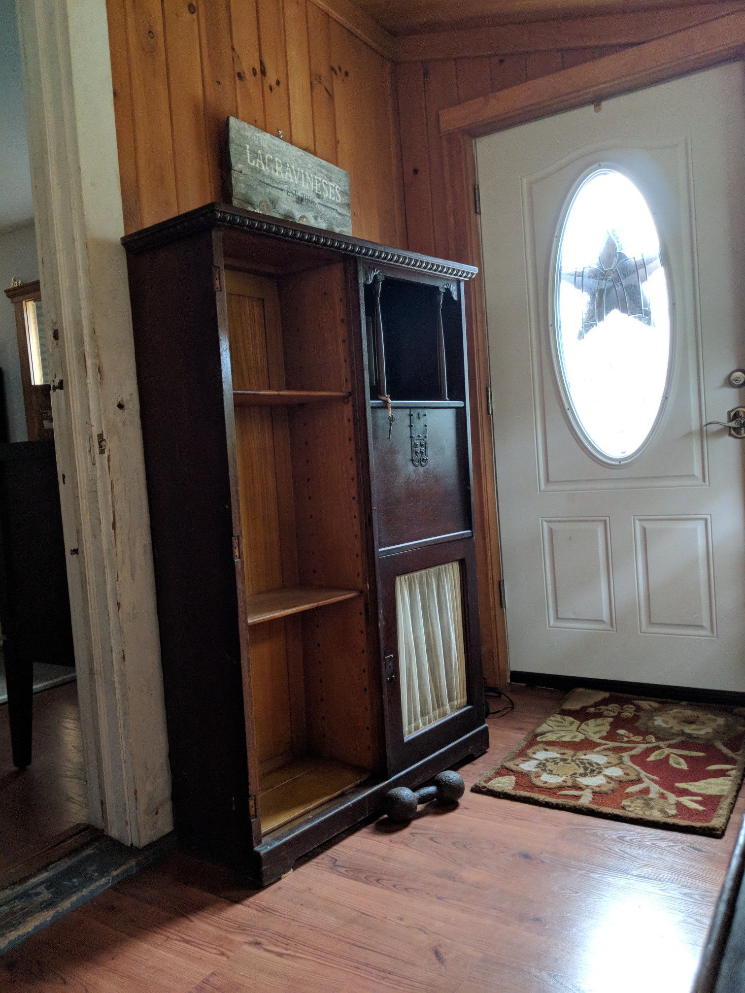 Antique secretary cabinet small mirror on upper right side then a key opens the small desk that folds out Needs some love beautiful detailing