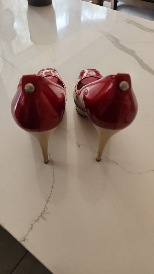 Red Stuart Weitzman Avignon Red Patent Peep Toe Heels Size 10.5