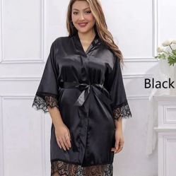 Women Ice Silk Pajamas Robes Sleepwear Nightgowns Nightdress Black L Lace Smooth Soft Comfortable size large 