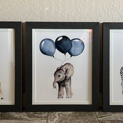 Watercolor Nursery Pictures w/Custom Frames - Set of 3