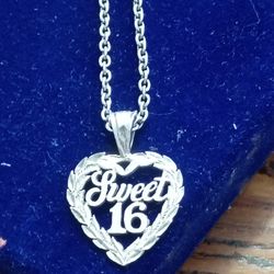 925 Sterling Silver Fine Chain+Sweet Sixteen Charm