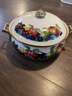 Vtg Lincoware Enamelware Brass Orchard Royale Casserole Dutch Oven w/Lid 4.5 Qt