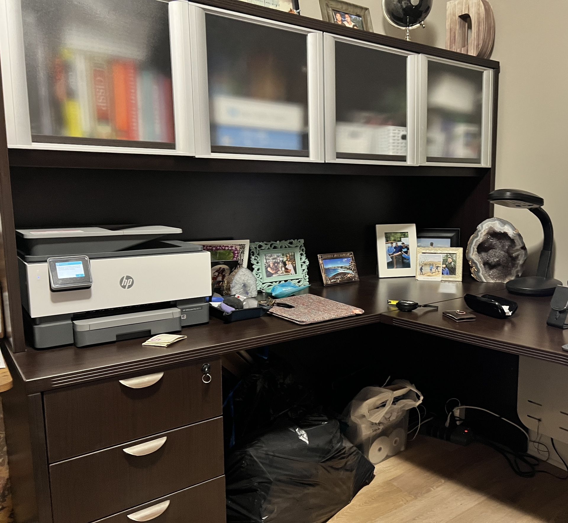L-shaped desk with cabinet hutch