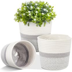 3 Pcs Cotton Rope Plant Basket with Plastic Liner Rustic Plant Basket Planters Modern Woven Plant Basket Decorative Pots for Home Flower Indoor Storag