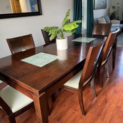 Dark Wood Dining Table with 6 Chairs and Glass Inlay