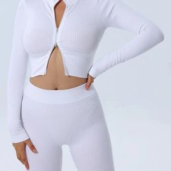 Seamless Ribbed Doble Zipper Women's Sports Shirts & Blouses Long Sleeve Sexy Trend Elastic Gym Yoga Workout Fitnes Overshirt Crop Top