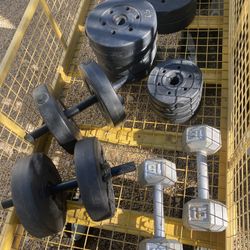 🏋️‍♂️ Weight Plates + 2 Hand-Weight Bars + 15 lb Dumbbells – Cleaning Patio