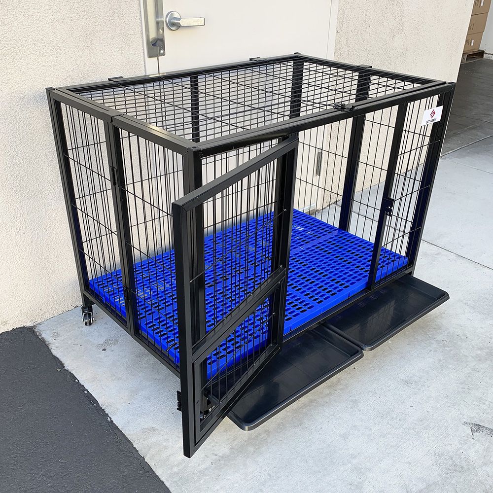 New in Box $195 Heavy-Duty Dog Cage 43x30x34” Single-Door Folding Crate Kennel with Plastic Floor & Tray 