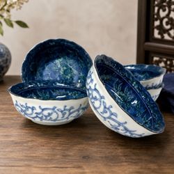 Vintage Chinese Blue White Porcelain Bowls Set 5 Floral Seal Mark 4.75”