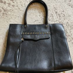 Rebecca Minkoff Black Leather Morning After Tote w/ studded front zip pocket