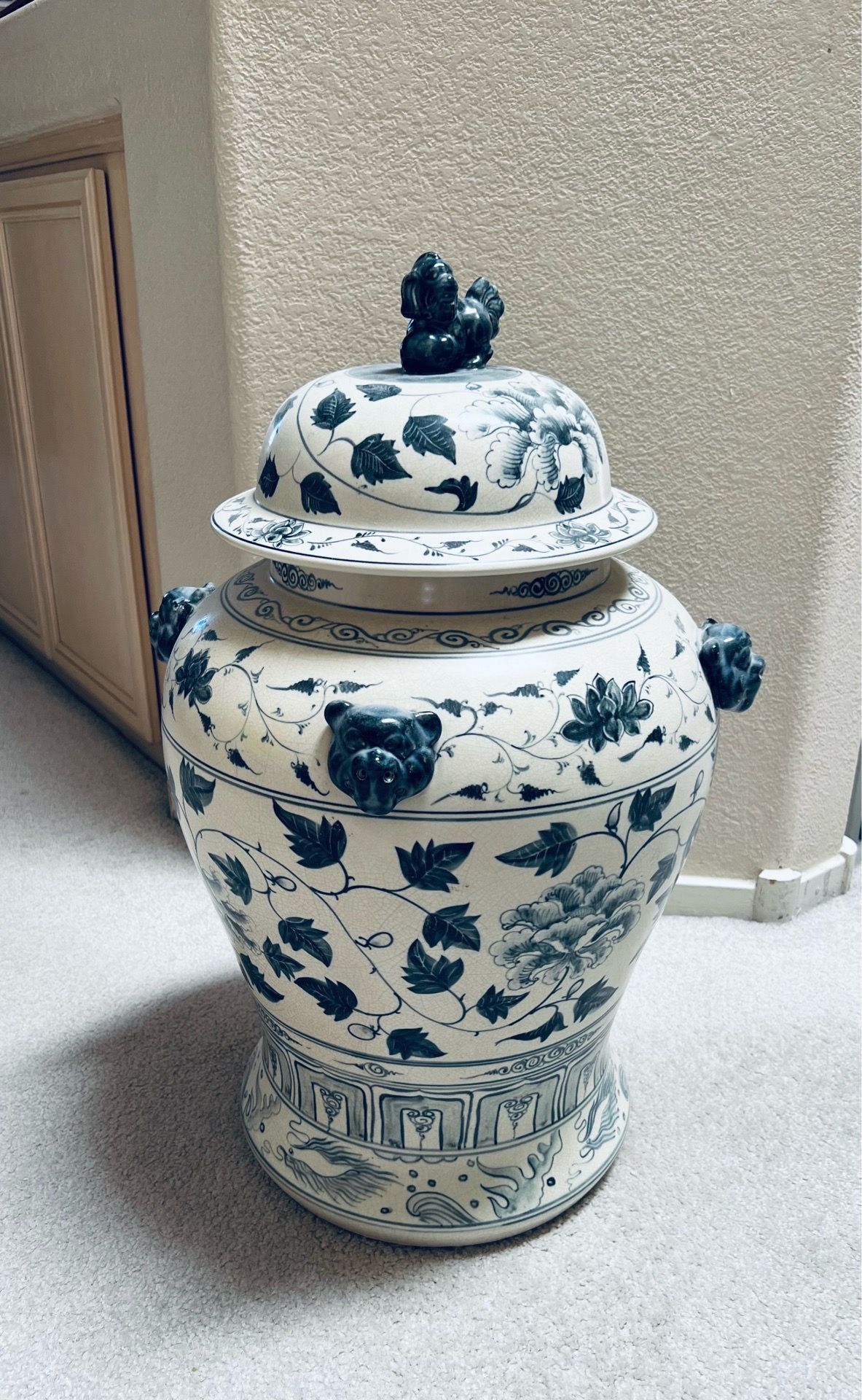 Vintage Large Vietnamese Jar with Foo Dog on Lid and Sides