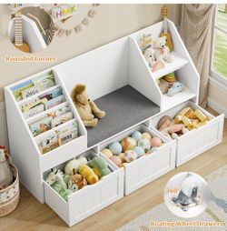 Kids Bookshelf with Reading Nook & 3 Movable Drawers, 2 Cube Bookcase with 4-Tier Book Racks, Toy Storage Organizer for Playroom Bedroom, White