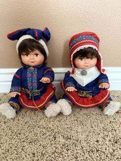 13” Vintage Semi Lapland Norwegian Folk Art Dolls  Boy and Girl