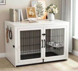 Piskyet Wooden Dog Crate Furniture with 360°Rotatable Removable Dog Bowls, Dog Crate End Table with Tray, Double Doors Dog Kennels for XLarge Dogs Ind