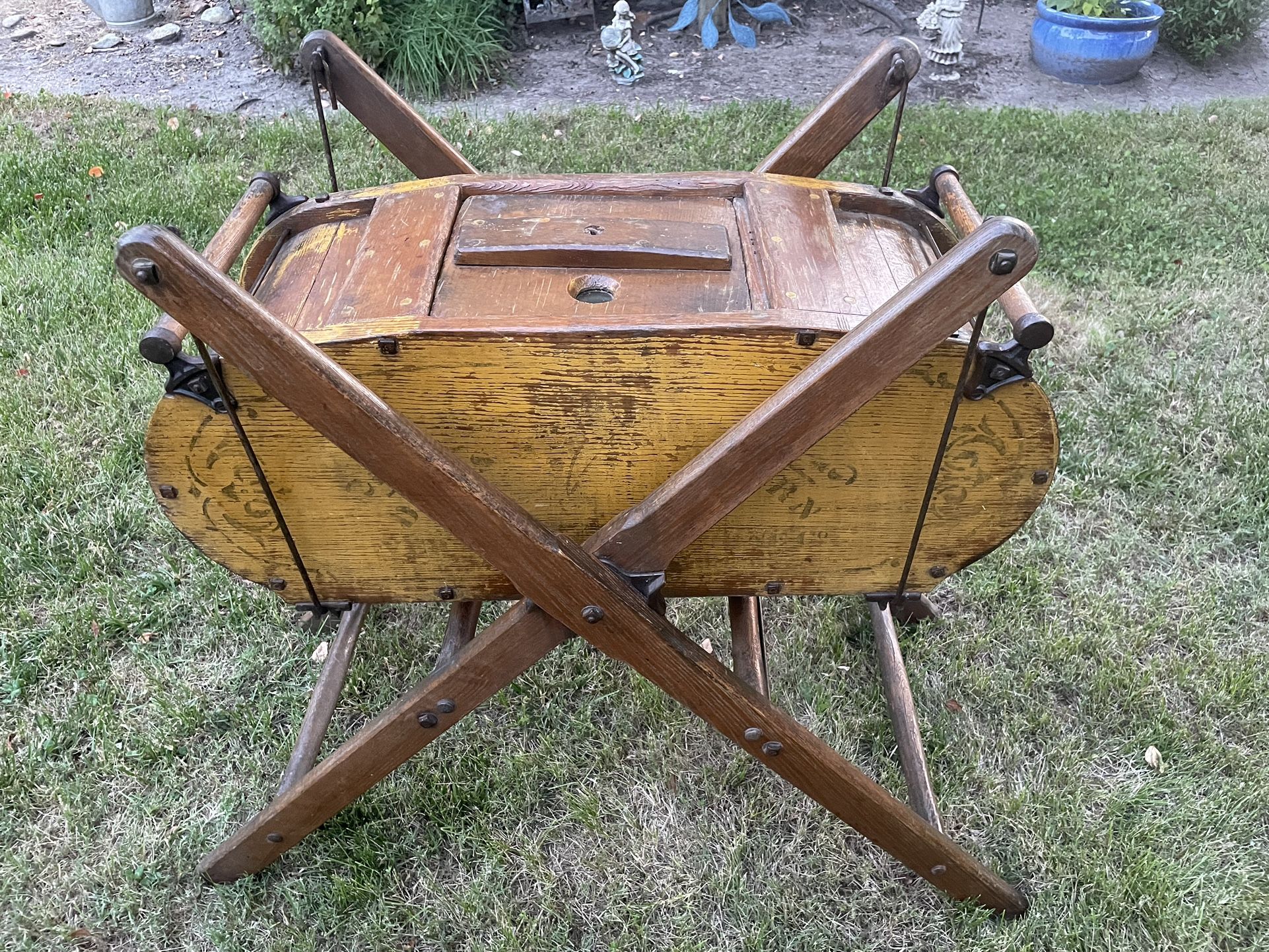 Antique Davis Wooden Swinging Butter Churn on Swing Stand Glass eye hole in lid Great condition