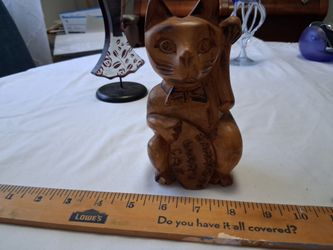 Hand-Carved Wooden Lucky Cat Figurine