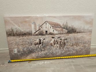 Farmhouse Landscape Painting, Rustic Country Barn Art,rural style decorative paintings 20x40 inch Highland cattle decor for living room bedroom