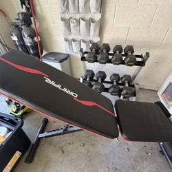 Adjustable Weight Bench + Weights + Rack
